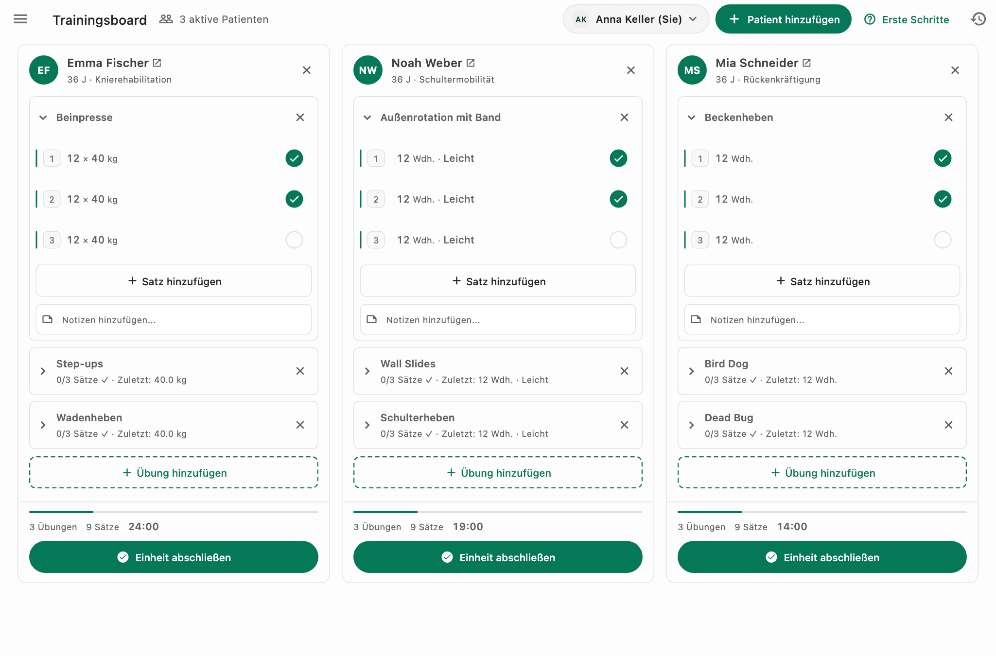 Die Trainingsfläche — Echte App-Ansichten · fiktive Beispieldaten